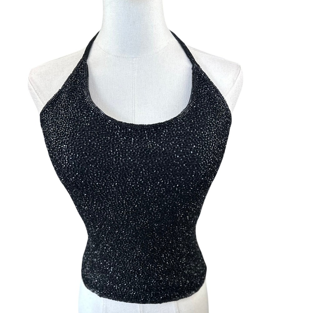 Cache‎ VTGE SZ MED Silk Black Beaded Boned Halter Lace Up Back Evening Party Top